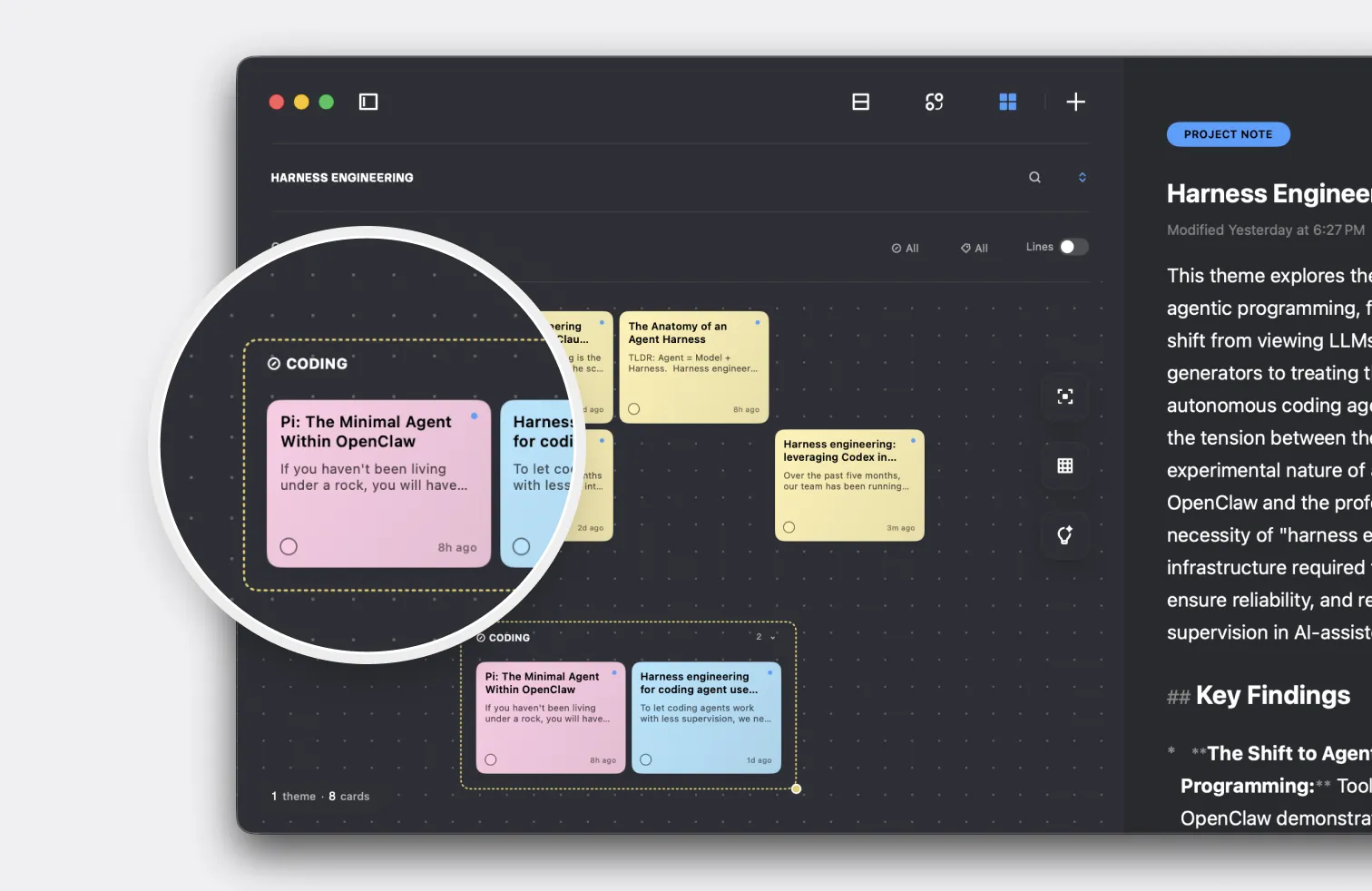 AI-generated theme summary analyzing patterns across multiple notes in Jotaid